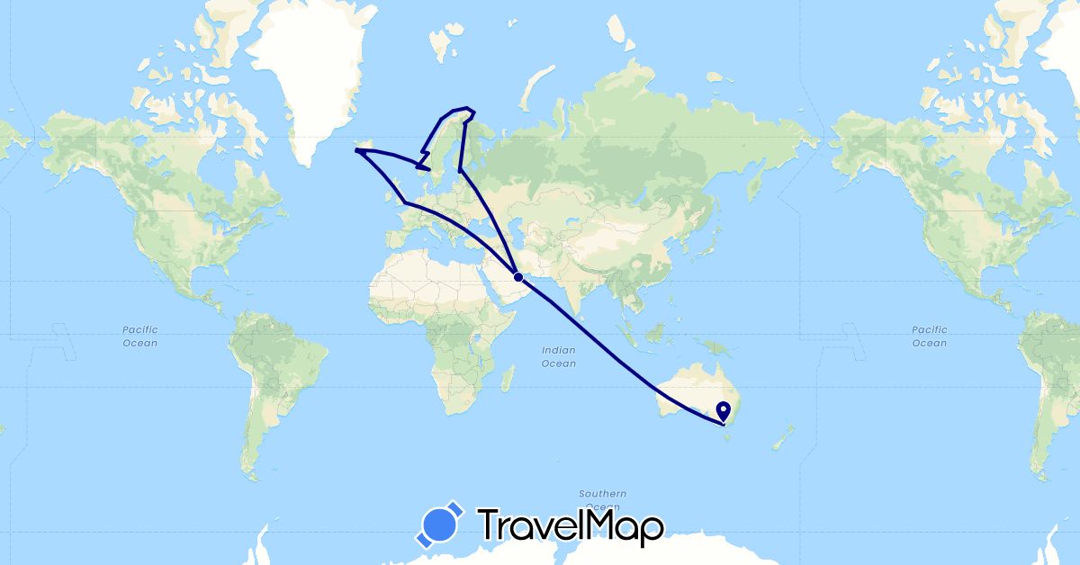 TravelMap itinerary: driving in Australia, Estonia, Finland, United Kingdom, Iceland, Norway, Qatar (Asia, Europe, Oceania)